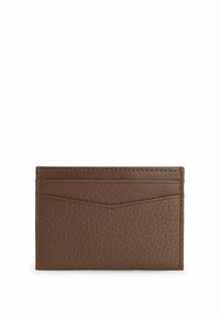 Portafoglio in pelle marrone con texture granulosa, caratterizzato da un design elegante, quattro fessure per carte e un sottile dettaglio di cucitura lungo i bordi.