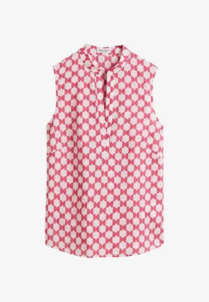 Blouse sans manches en tissu rose clair, présentant un motif de noeuds géométriques en rose foncé, avec un col court et une patte de boutonnage à l'avant.