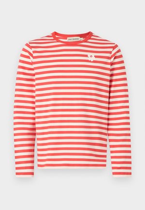 Long-sleeve T-shirt with red and white horizontal stripes, round neckline, and a small white flower accent on the chest. Cotton material.