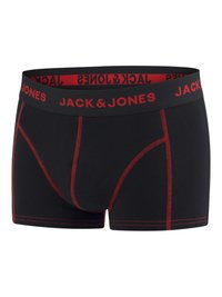 Boxer ajustados negros con una cinturilla elástica roja que presenta la marca "JACK & JONES". Detalles de costura roja notables realzan el diseño.