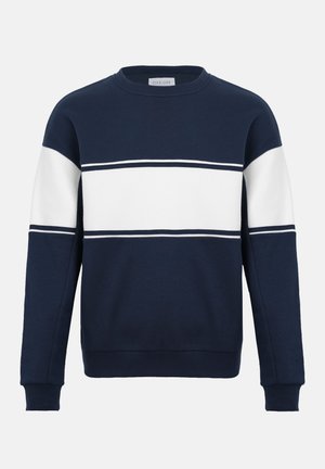 Marineblauwe sweatshirt met brede witte horizontale streep over de borst en mouwen, geribbelde manchetten en zoom, ronde hals.