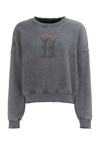 Szara krótka bluza z przetartym obszyciem, z nadrukiem graficznym w czerwonym kolorze. Projekt obejmuje długie rękawy i ściągacze na mankietach. Materiał bawełniany.