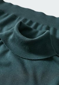 Tumma vihreä ribbiknittiä oleva pooloneulepusero, jossa on pehmeä pinta ja korkea kaulus. Ominaisuuksiin kuuluu istuva malli ja hillitty vaakaraidoitus kaula-aukossa.