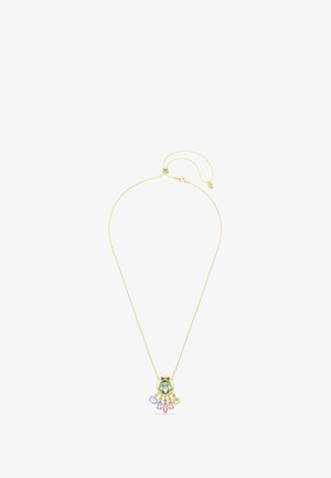 Collier chaîne en or avec un pendentif décoratif orné d'une pierre centrale verte et de plusieurs pierres précieuses de différentes couleurs, disposées en motif floral.