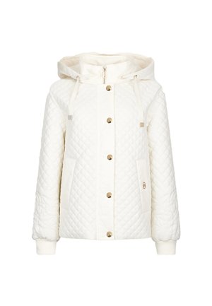 Giacca bianca trapuntata con cappuccio, bottoni a pressione dorati, tasche frontali e polsini a costine. Presenta una superficie testurizzata e un finish liscio.