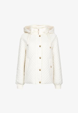 Giacca bianca trapuntata con cappuccio, bottoni a pressione dorati, tasche frontali e polsini a costine. Presenta una superficie testurizzata e un finish liscio.
