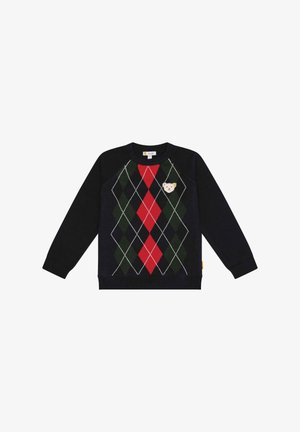 Czarny sweter z diamentowym wzorem w czerwono-zielone kolory. Ma uroczy naszywkę misia na piersi. Żebrowany kołnierz i mankiety.