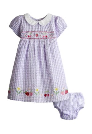 Lavendel ternet babykjole med hvid Peter Pan-krave, broderede blomster og frugter, kombineret med matchende stofble.