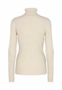 Beige ribbed turtleneck sweater with long sleeves, featuring a fitted design and soft texture. Back view shows prominent vertical ribs.