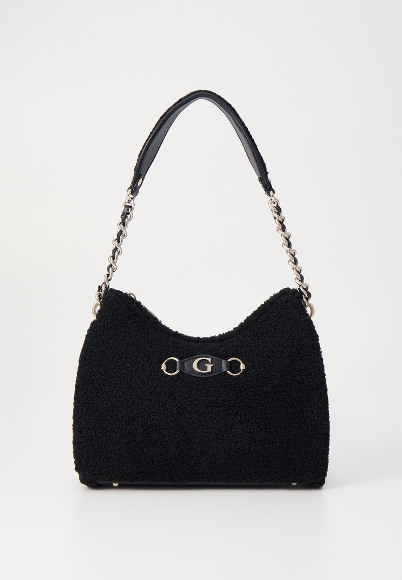 Black, textured handbag with a cozy, fuzzy exterior. Features a gold logo accent and a chain shoulder strap with a leather handle.