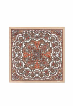 Square scarf featuring intricate paisley design in brown, red, and blue tones, with a white background and beige border.