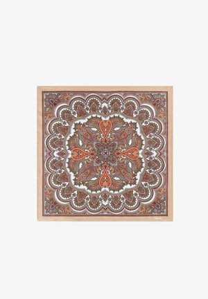 Square scarf featuring intricate paisley design in brown, red, and blue tones, with a white background and beige border.
