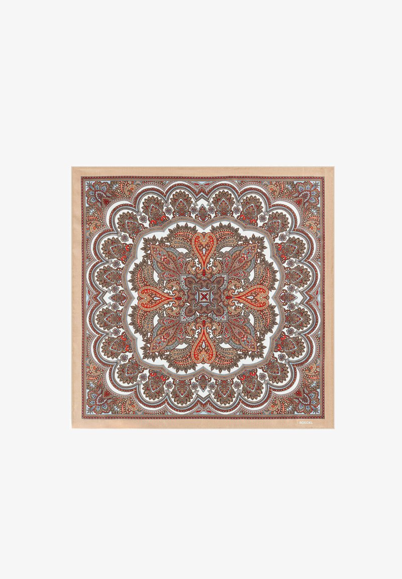 Square scarf featuring intricate paisley design in brown, red, and blue tones, with a white background and beige border.