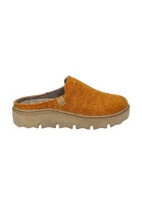 Oranžové filcové dřeváky se šedým interiérem, s robustní béžovou podrážkou se strukturovaným designem. Kožený akcentní štítek blízko horní části.