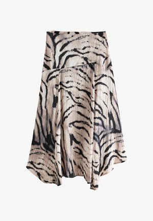 Högmidjad midi kjol med lager av flytande tyg i beige och svart tigerrandigt mönster och en något asymmetrisk fåll.