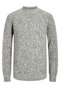 Hellgrauer gestrickter Pullover mit strukturiertem Muster, gerippten Bündchen und Saum, mit mehrfarbigen Sprenkeln. Rundhalsausschnitt.