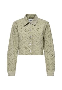 Veste courte, verte claire avec broderies florales et clous décoratifs. Présente un col et une fermeture à boutons sur le devant.