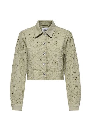 Chaqueta recortada de color verde claro con bordado floral y remaches decorativos. Presenta un cuello con solapa y cierre frontal de botones.