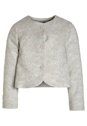 Vaaleanharmaa jacquard-takki ruusukuvioilla, kolme pyöreää nappia, pyöreä pääntie ja pitkät hihat. Lyhyt pituus, aaltoileva helmareuna.