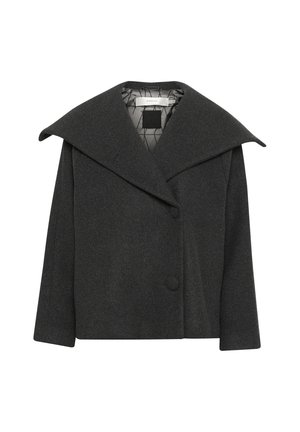 Cappotto di lana carbone con colletto oversize, chiusura a un bottone e maniche a tre quarti. Interno foderato con un motivo geometrico.