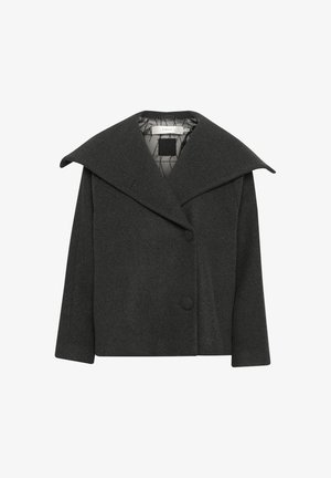 Charcoal wool coat with oversized collar, single button closure, and three-quarter length sleeves. Lined interior with a geometric pattern.