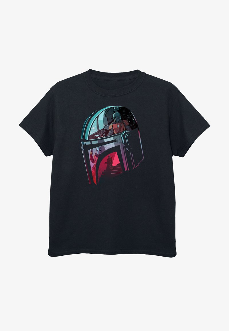 Black cotton t-shirt featuring a colorful graphic of a helmet with characters in the visor, showcasing bold lines and vibrant colors.