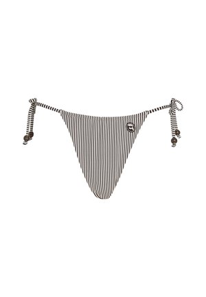 Zwart-wit gestreepte bikini onderkant met verstelbare strikjes aan de zijkanten, voorzien van kleine decoratieve kraaltjes en een logo-label.