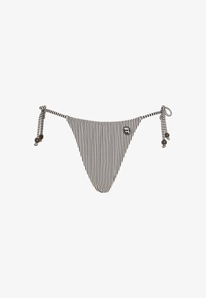 Melnā un baltā svītraina bikini apakšdaļa ar regulējamiem saitēm sānos, ar nelielām dekoratīvām pērlēm un logotipa uzšuvumu.