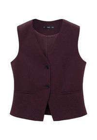 Burgundský strihaný vest s výstrihom do V, dvoma prednými vreckami a tromi čiernymi gombíkmi. Hladká tkanina s pevným textúrom.