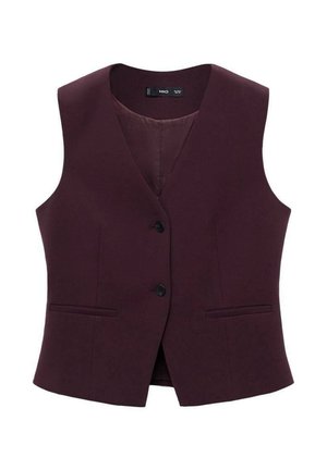 Gilet bordeaux su misura con scollo a v, due tasche frontali e tre bottoni neri. Tessuto liscio con una texture uniforme.