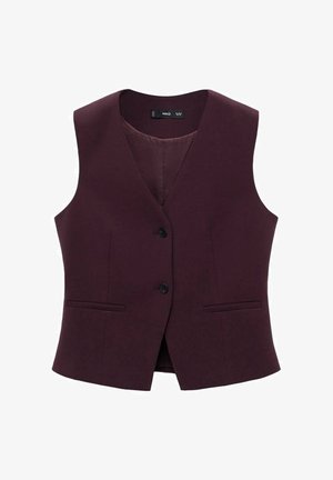 Burgundy tailored vest with a v-neck, two front pockets, and three black buttons. Smooth fabric with a solid texture.