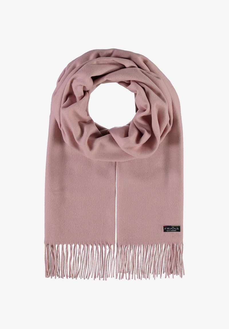 Écharpe rose en matériau doux, avec des extrémités frangées et un design en boucle. Une petite étiquette de marque est visible sur un côté.