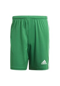 Groene sportieve shorts van lichtgewicht stof, met een elastische tailleband, witte zijstrepen en een wit Adidas-logo aan de voorkant.