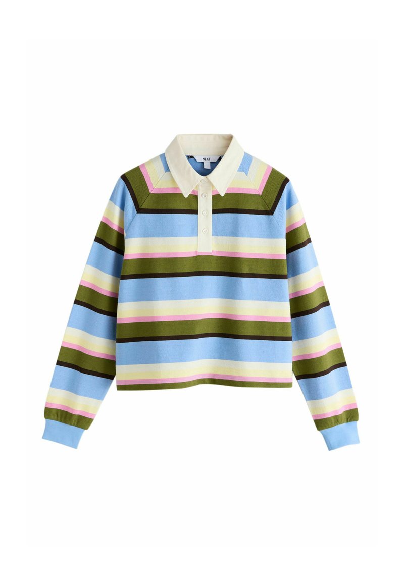 Maglione corto a righe con base azzurro chiaro e strisce verdi, rosa e marrone scuro. Include un colletto bianco e chiusura con bottoni.