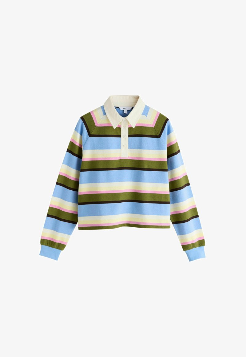 Maglione corto a righe con base azzurro chiaro e strisce verdi, rosa e marrone scuro. Include un colletto bianco e chiusura con bottoni.