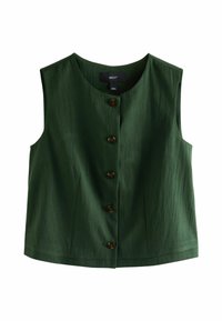 Zielony, bezrękawnik z okrągłym dekoltem, pięcioma brązowymi guzikami z przodu i fakturowaną tkaniną.