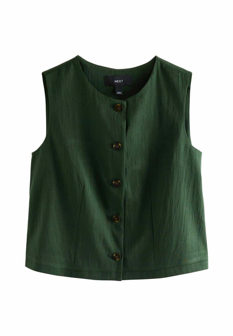 Zielony, bezrękawnik z okrągłym dekoltem, pięcioma brązowymi guzikami z przodu i fakturowaną tkaniną.