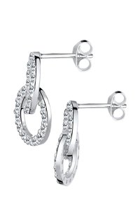 Boucles d'oreilles en argent avec des boucles entrelacées, ornées de strass clairs sur les bords extérieurs, et une fermeture à tige.