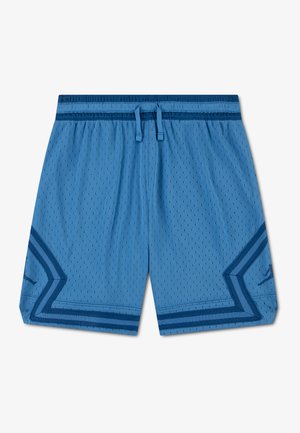 Short de sport en maille bleu clair avec ceinture bleu foncé, cordon de serrage et liseré géométrique sur les côtés inférieurs, présenté à plat sur fond blanc.