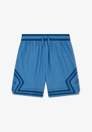 Short de sport en maille bleu clair avec ceinture bleu foncé, cordon de serrage et liseré géométrique sur les côtés inférieurs, présenté à plat sur fond blanc.