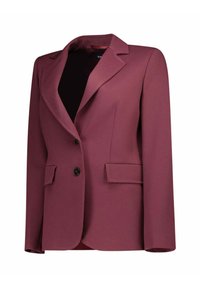Blazer bordeaux con rever a lancia, due tasche frontali a pattina e chiusura con un solo bottone, realizzato in un tessuto liscio e con una vestibilità su misura.