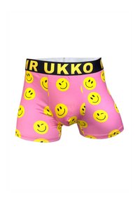 Vaaleanpunaiset bokserishortsit, joissa keltaisia hymiökuvioita, musta vyötärönauha, jossa teksti "MR UKKO". Kangas näyttää sileältä ja joustavalta.