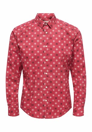 Red long-sleeve button-up shirt with white and black starburst pattern and a pointed collar.