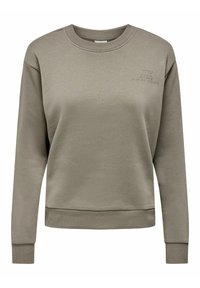 Sweat-shirt vert olive avec col ras du cou côtelé, manches longues et ourlet droit. Présente un texte en relief sur le devant.