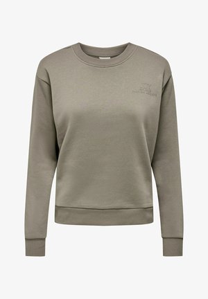 Olivgrön sweatshirt med ribbad rund halsringning, långa ärmar och rak nederkant. Har präglad textdetalj framtill.