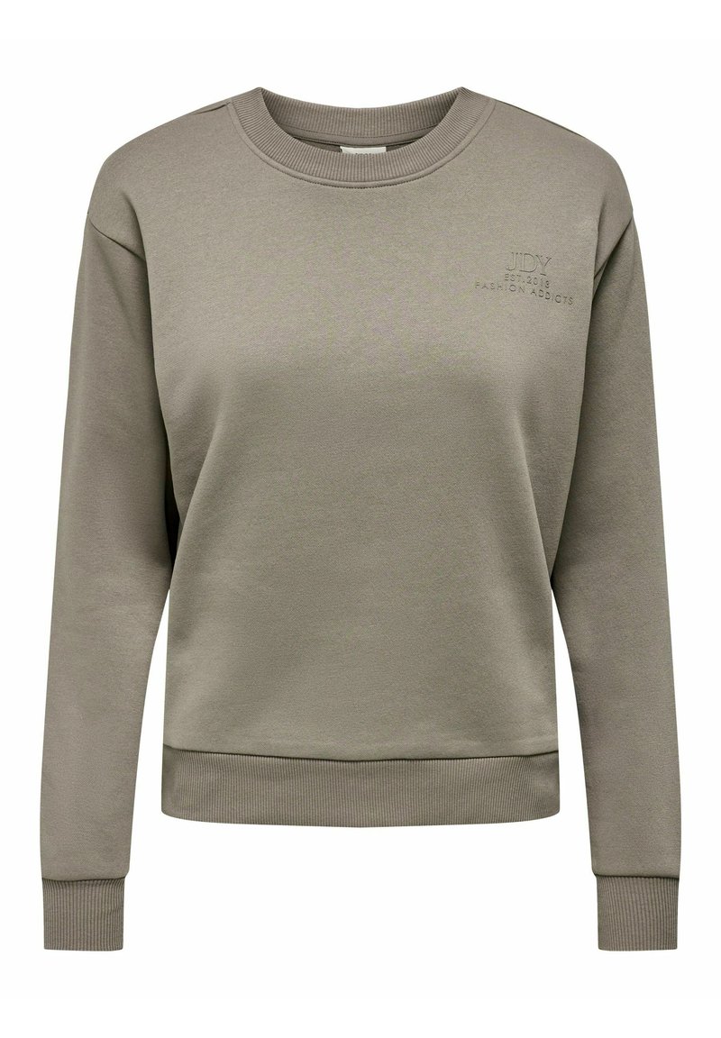 Sweat-shirt vert olive avec col ras du cou côtelé, manches longues et ourlet droit. Présente un texte en relief sur le devant.