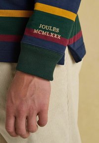 Langärmliges Hemd mit blauen und grünen Streifen und grünen Rippbündchen. Mit "JOULES MCMLXXX" in hellbeige auf dem Bündchen gestickt.