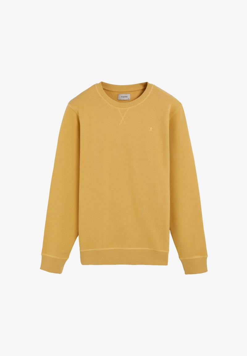 Sweat-shirt jaune avec un col rond, des poignets et un ourlet côtelés, comportant des détails de couture subtils et un petit emblème sur la poitrine.