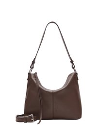 Brązowa skórzana torebka hobo o zaokrąglonym kształcie, z regulowanym paskiem oraz subtelnymi detalami przeszycia. Zawiera odpinany pasek na ramię.