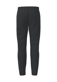 Zwarte joggingsbroek met een textured afwerking, voorzien van een elastische tailleband, taps toelopende pijpen en zonder zichtbare zakken of ontwerpdetails.